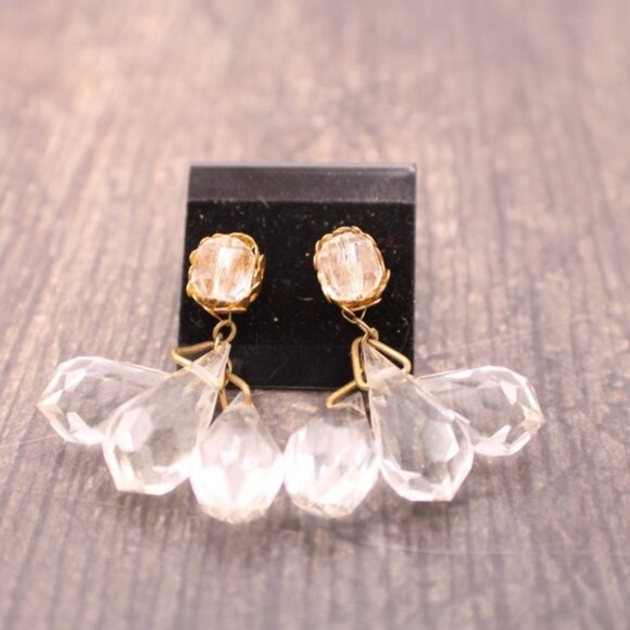 Miriam Haskell Earrings Crystal Briolette Drops Dangle Chandelier Glass Goldtone - Picture 1 of 7